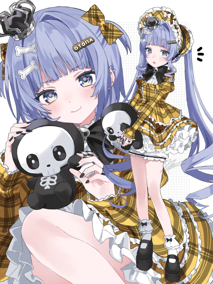 1girl, black_bow, black_bowtie, black_nails, black_shoes, bloomers, blue_eyes, blue_hair