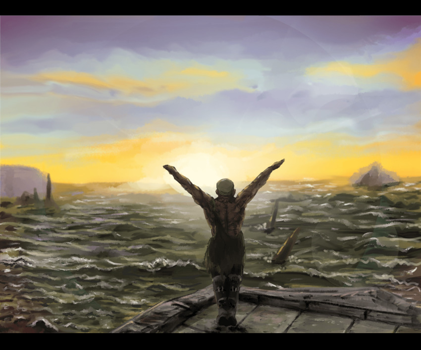 1boy, aby, arms_up, bearer_of_the_curse, black_pants, blue_sky, cliff, commentary_request