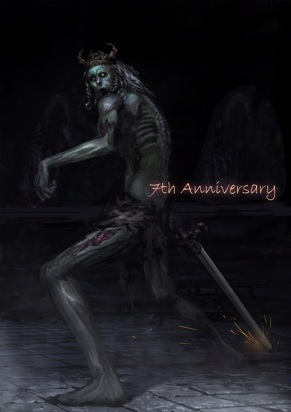1boy, anniversary, barefoot, black_background, blood, chuno_(akiaji81), colored_skin, commentary_request