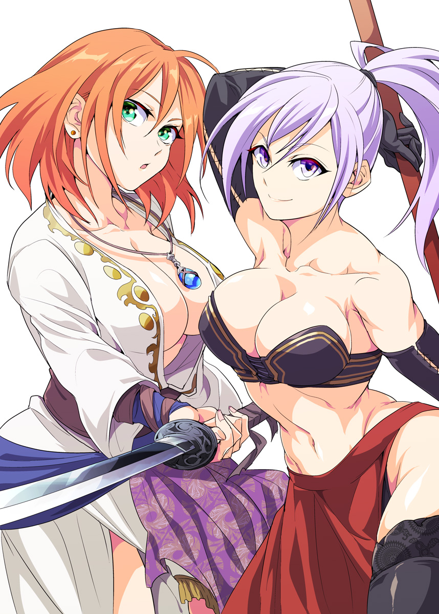 2girls, am_(blackant), arm_up, bearer_of_the_curse, black_gloves, black_thighhighs, black_tube_top, breasts