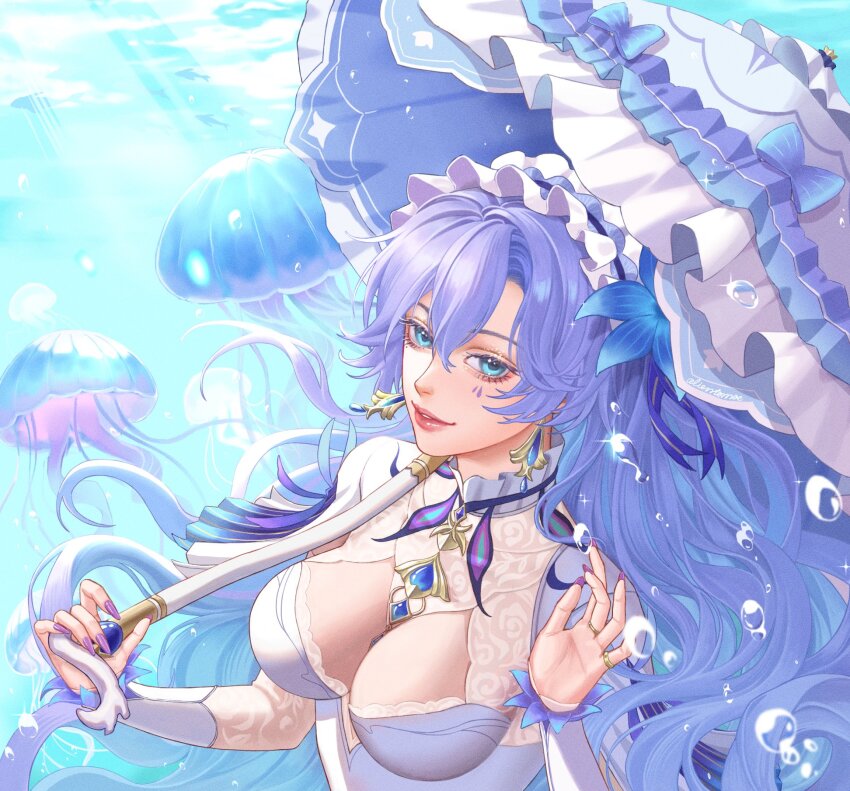 1girl, air_bubble, alientomoe, blue_eyes, breasts, bubble, cantarella_(wuthering_waves), cleavage