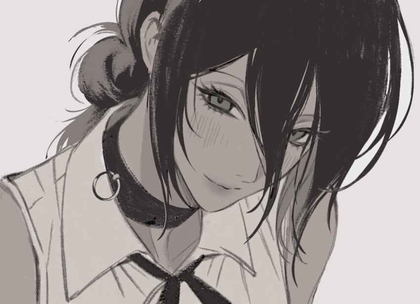 1girl, chainsaw_man, choker, close-up, closed_mouth, collared_shirt, grenade_pin, greyscale