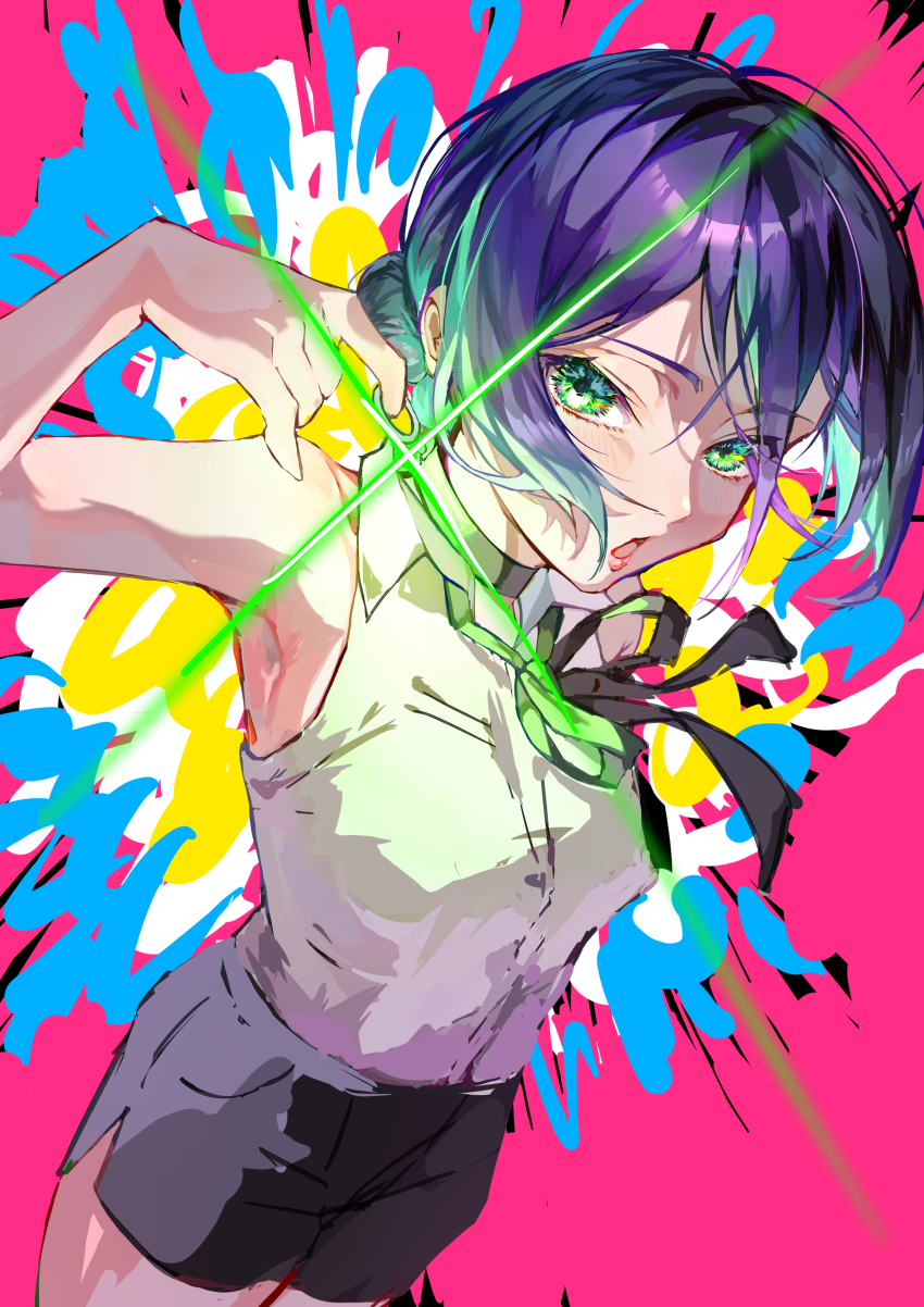 1girl, absurdres, armpits, black_choker, black_ribbon, black_shorts, chainsaw_man, choker, green_eyes, grenade_pin, hair_bun, highres, neck_ribbon, nori3535_wakam, open_mouth, purple_hair, reze_(chainsaw_man), ribbon, shirt, shirt_tucked_in, short_shorts, shorts, sleeveless, sleeveless_shirt, solo, white_shirt
