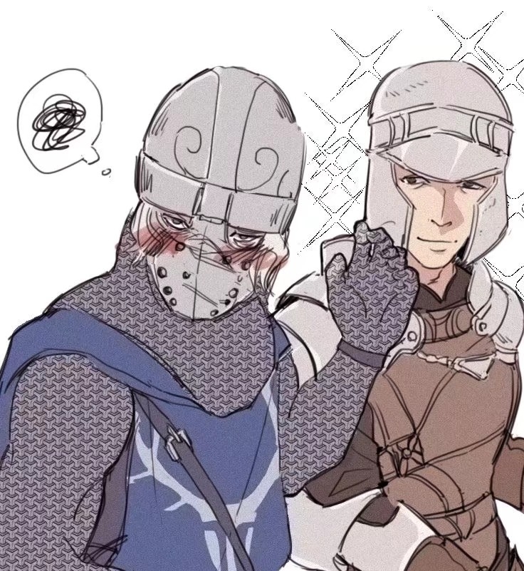 2boys, armor, black_shirt, blue_cape, blue_tunic, blush, brown_eyes, brown_vest