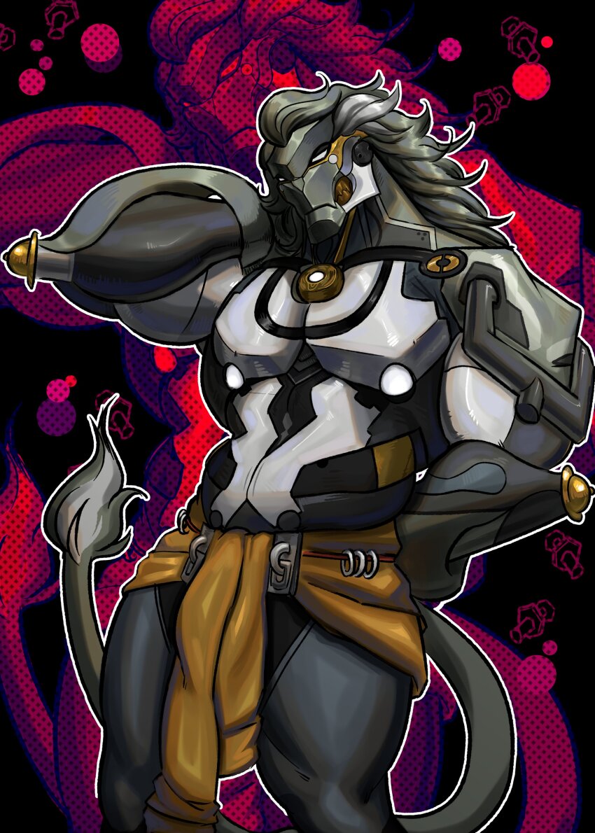 1boy, absurdres, arctavius, arm_behind_head, banyue_(zenless_zone_zero), bara, commentary, english_commentary