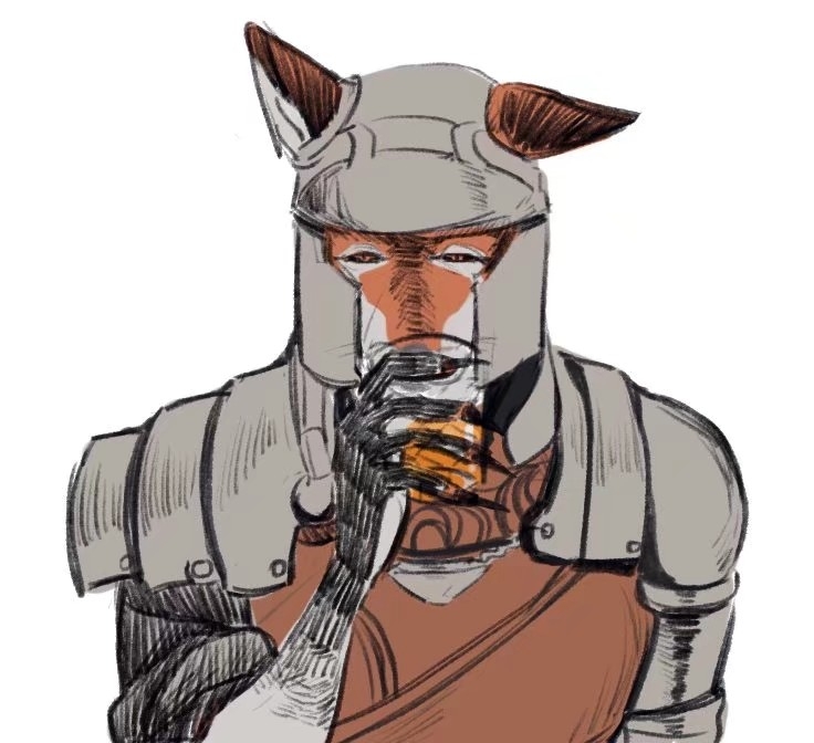 1boy, animal_ears, armor, black_shirt, brown_vest, commentary, cup, dark_souls_(series)