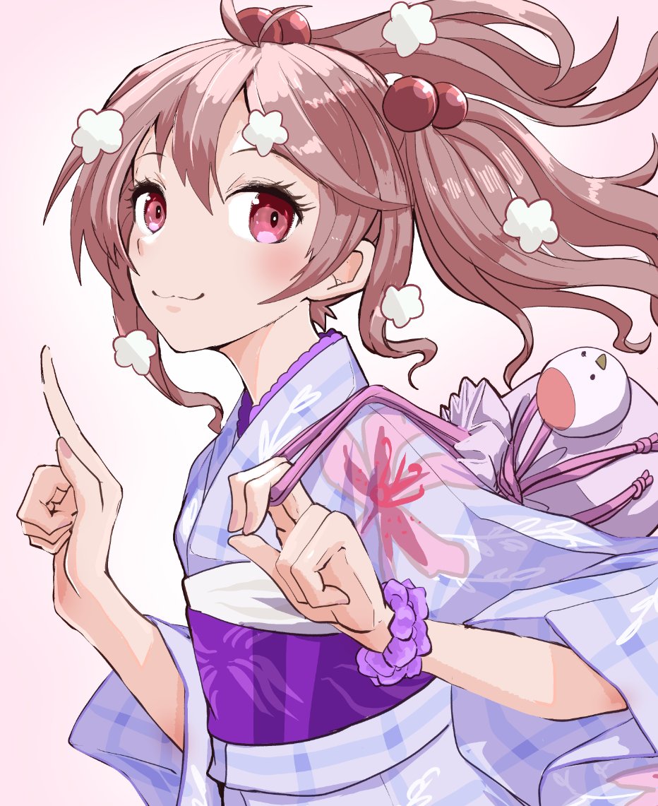 1girl, antenna_hair, bag, boushi-ya, brown_hair, floral_print, flower, gingham_kimono