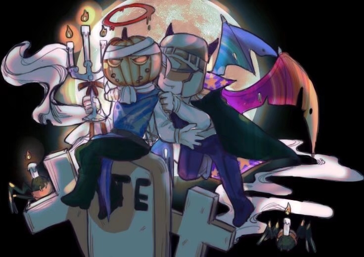 2boys, alternate_costume, black_cape, black_pants, blood, blood_halo, bug, candle