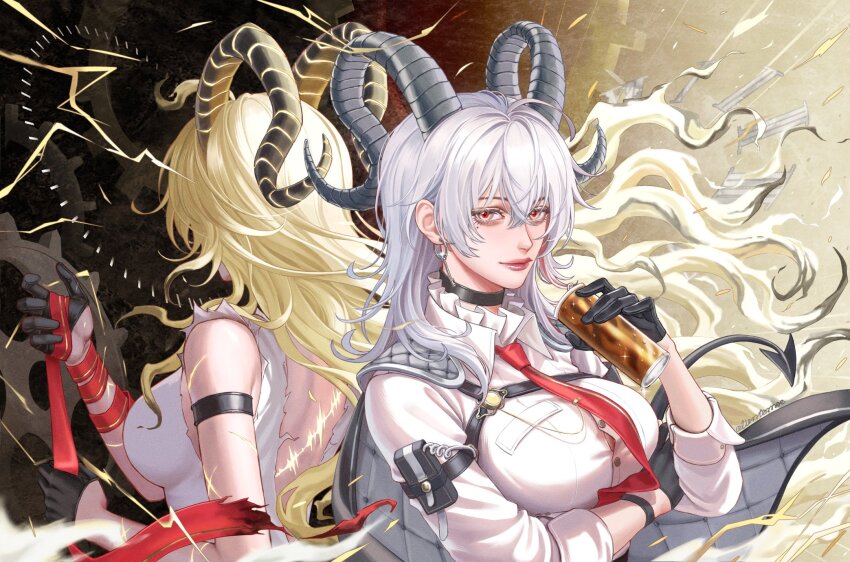 2girls, alientomoe, arm_under_breasts, back-to-back, back_tattoo, black_background, black_gloves, black_horns, blonde_hair, breasts, button_gap, can, chest_harness, curled_horns, drink_can, dual_persona, earrings, floating_hair, gears, gloves, gradient_background, hands_up, harness, highres, holding, holding_can, horns, jewelry, key_earrings, large_breasts, lightning, long_hair, multiple_girls, necktie, red_eyes, red_lips, red_necktie, shirt, sleeveless, sleeveless_shirt, tacet_mark_(wuthering_waves), tattoo, white_hair, white_shirt, wuthering_waves, yellow_background, zani_(wuthering_waves)