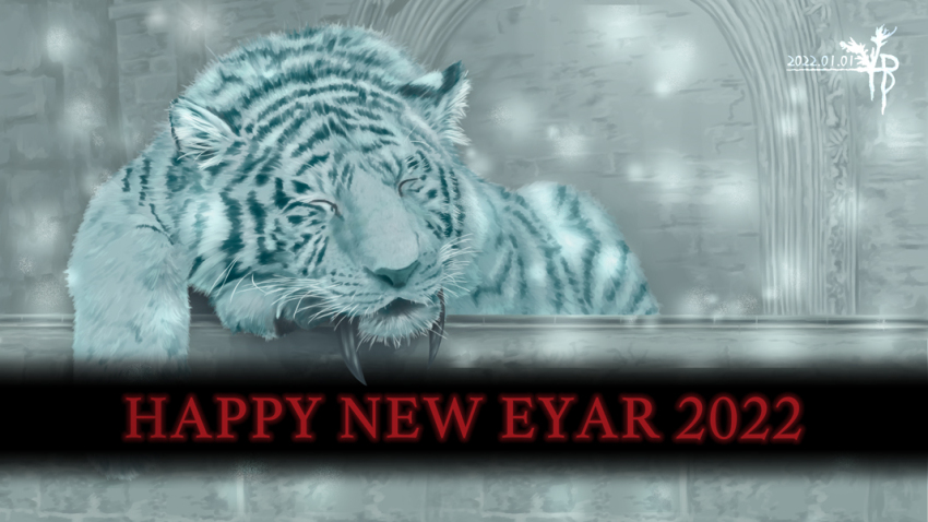 2022, aava_the_king's_pet, animal_focus, brador_yamamura, chinese_zodiac, commentary_request, dark_souls_(series), dark_souls_ii, dated, no_humans, sleeping, snowing, tiger, typo, white_tiger, year_of_the_tiger, you_died