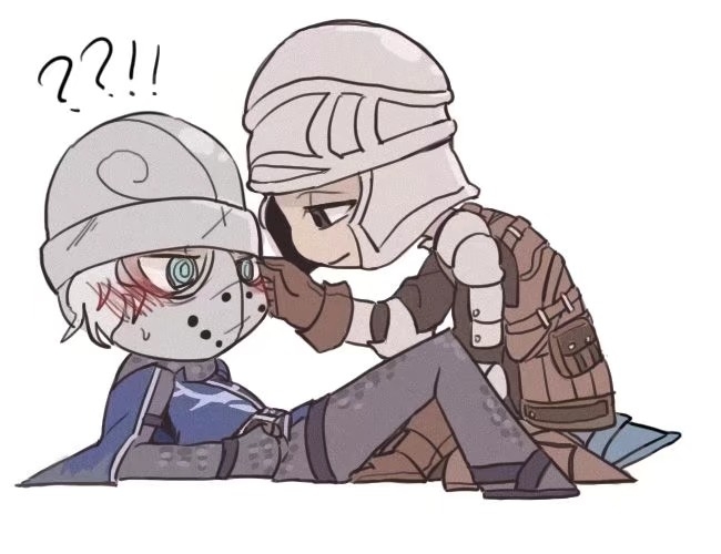 !?, 2boys, armor, black_shirt, blue_cape, blue_eyes, blue_tunic, blush, brown_gloves, brown_vest, cape, chainmail, chibi, chibi_only, closed_mouth, commentary, creighton_of_mirrah, dark_souls_(series), dark_souls_ii, full_body, gloves, helmet, looking_at_another, male_focus, mask, masked, mild_mannered_pate, multiple_boys, neopentane5, shirt, simple_background, smile, tunic, vest, white_background, yaoi