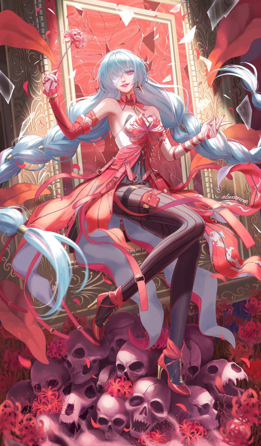 1girl, absurdres, alientomoe, bandage_over_one_eye, bandaged_arm, bandages, bare_shoulders, black_pantyhose, black_skirt, braid, breasts, broken_mirror, commentary, detached_sleeves, dress, earrings, flower, full_body, grey_hair, halter_dress, halterneck, high_heels, highres, holding, holding_flower, jewelry, long_hair, looking_at_viewer, low_twin_braids, medium_breasts, mirror, multicolored_hair, pantyhose, parted_lips, phrolova_(wuthering_waves), red_dress, red_eyes, red_shoes, shoes, single_detached_sleeve, skirt, skull, smile, solo, spider_lily, streaked_hair, untranslatable_commentary, twin_braids, very_long_hair, wuthering_waves