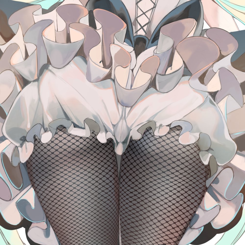 1girl, bloomers, close-up, commentary, dei_matsuri, english_commentary, female_focus, fishnet_pantyhose, fishnets, head_out_of_frame, hornfelstone, kimi_no_koto_ga_dai_dai_dai_dai_daisuki_na_100-nin_no_kanojo, lower_body, pantyhose, skirt, solo, thigh_focus, thigh_gap, thighs, underwear, white_bloomers