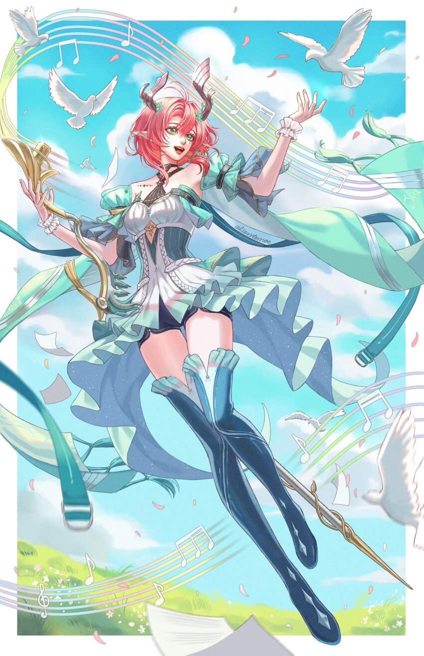 1girl, absurdres, alientomoe, bare_shoulders, beamed_eighth_notes, bird, black_shorts, blue_sky, boots, border, breasts, ciaccona_(wuthering_waves), day, detached_sleeves, dress, frilled_wrist_cuffs, frills, full_body, green_eyes, green_jacket, hand_up, highres, holding, holding_microphone_stand, horns, jacket, medium_breasts, medium_hair, microphone_stand, musical_note, open_mouth, outdoors, pointy_ears, red_hair, shorts, sky, smile, solo, tacet_mark_(wuthering_waves), thigh_boots, thighs, tree_horns, white_bird, white_border, white_dress, wrist_cuffs, wuthering_waves