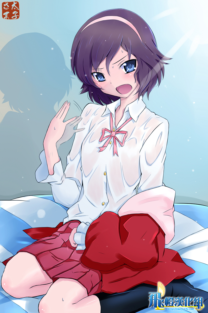 1girl, beckitach, bed_sheet, blue_eyes, colorized, female_focus, hair_ornament, hairband, highres, hot, kami_nomi_zo_shiru_sekai, kneehighs, purple_hair, school_uniform, see-through_clothes, see-through_shirt, shirt, short_hair, socks, solo, spoilers, sweat, takahara_ayumi, very_sweaty, wakaki_tamiki, wet, wet_clothes, wet_shirt