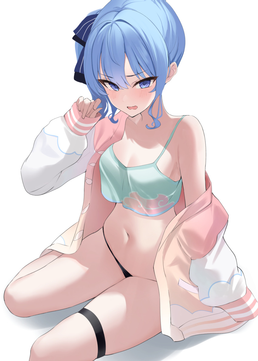 1girl, absurdres, black_panties, blue_eyes, blue_hair, blue_ribbon, breasts, camisole