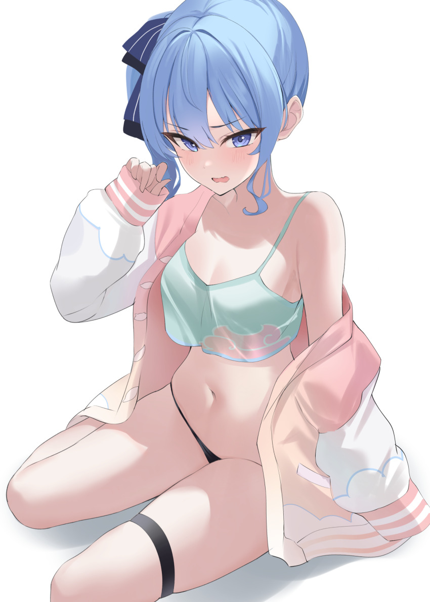 1girl, absurdres, black_panties, blue_eyes, blue_hair, blue_ribbon, breasts, camisole