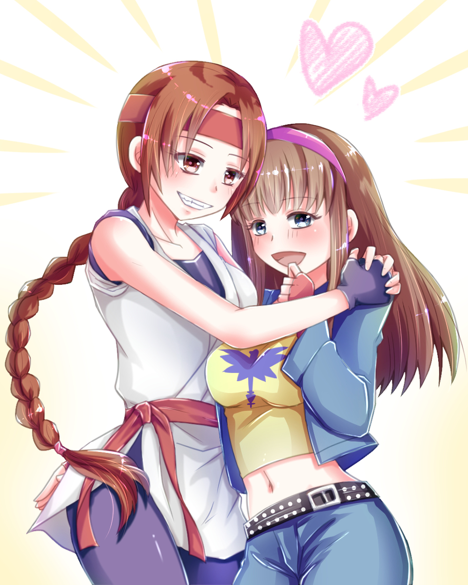 belt, black_belt, blue_eyes, blush, braid, braided_ponytail, brown_eyes, brown_hair