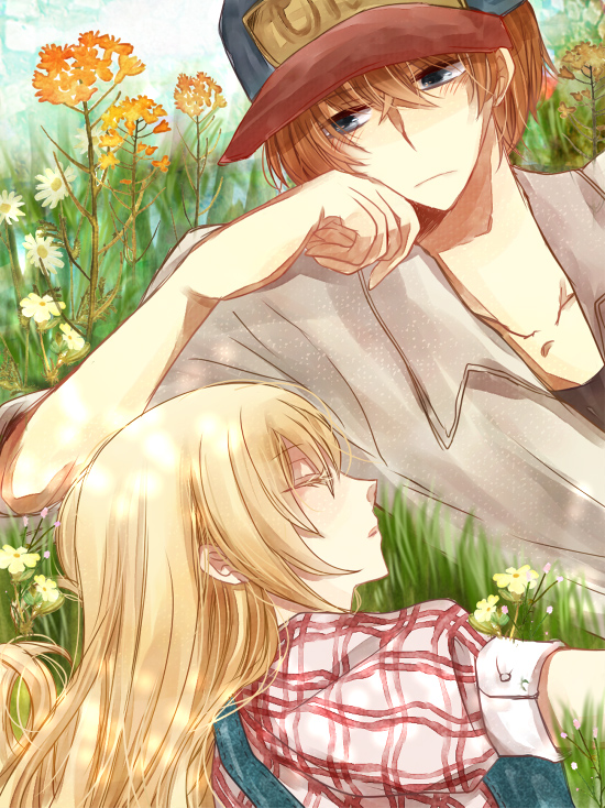 1boy, 1girl, baseball_cap, blonde_hair, blue_eyes, blush, brown_hair, claire_(bokujou_monogatari)