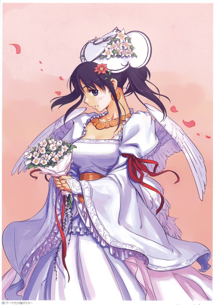 1girl, angel_wings, atelier_(series), atelier_iris, atelier_iris_grand_phantasm, black_hair, blush, bouquet