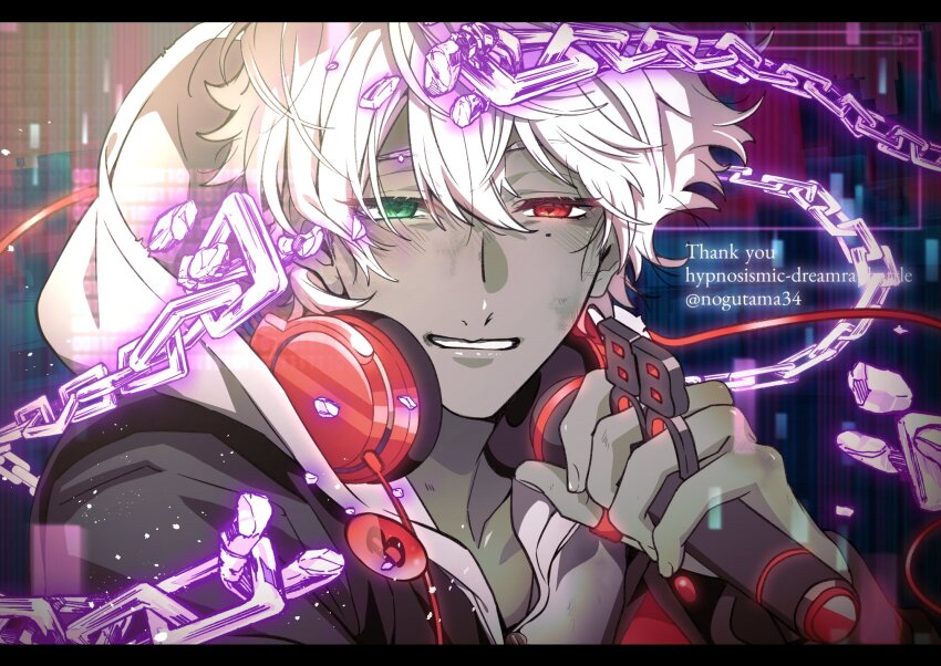 1boy, badge, binary, black_jacket, broken, broken_chain, bruise, bruise_on_face