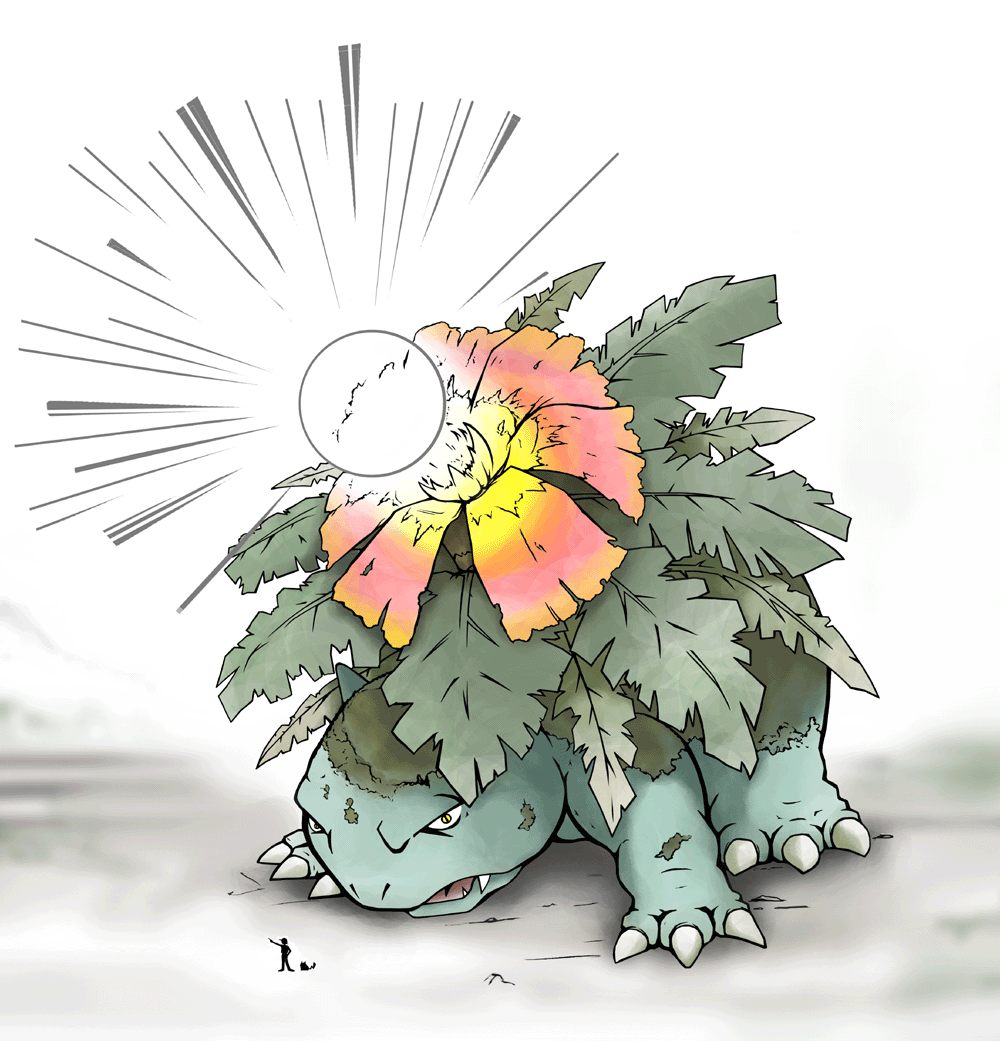 fangs, flower, gen_1_pokemon, momoiro_afuru, nintendo, pikachu, pokemon, pokemon_(creature), power-up, red_(pokemon), venusaur, yellow_eyes