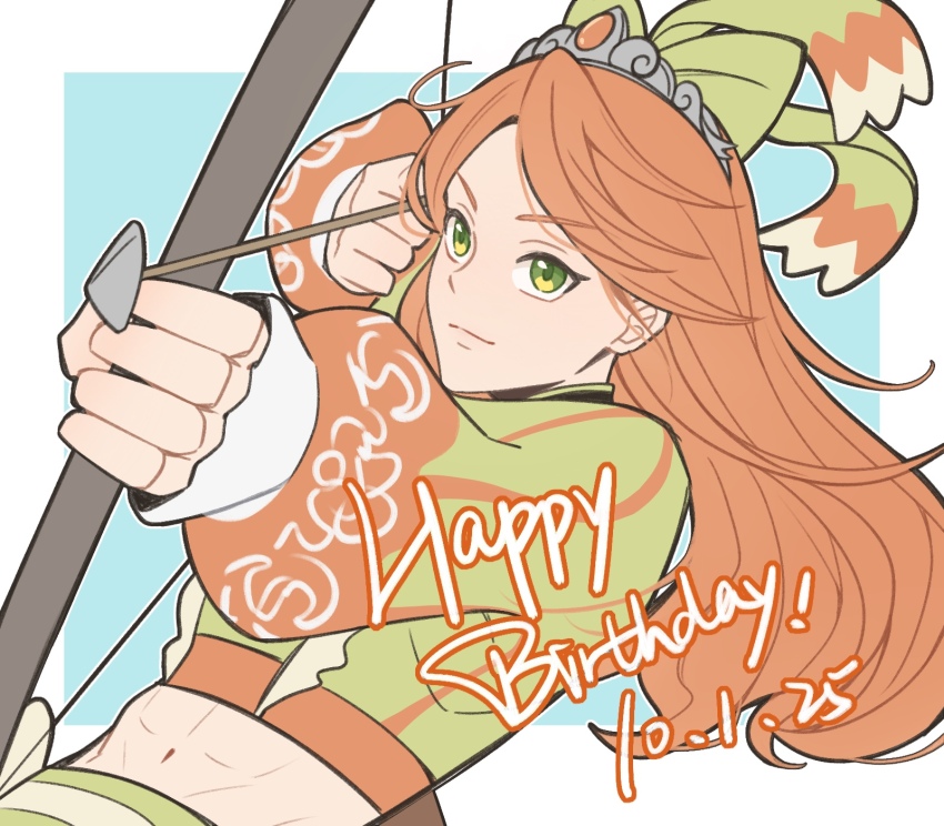 1girl, abs, arrow_(projectile), bow, bow_(weapon), closed_mouth, dated, etie_(fire_emblem), fire_emblem, fire_emblem_engage, fumiko_(290976767), green_bow, green_eyes, green_shirt, hair_bow, happy_birthday, highres, holding, holding_arrow, holding_bow_(weapon), holding_weapon, long_hair, long_sleeves, midriff, nintendo, orange_hair, shirt, smile, solo, tiara, upper_body, weapon