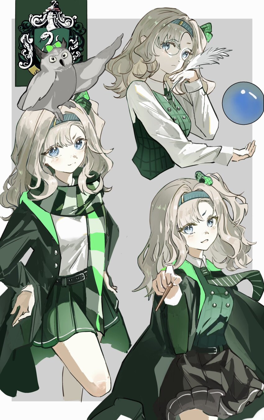 1girl, animal, animal_on_head, bird, bird_on_head, black_skirt, blue_eyes, blue_hairband, border, crystal_ball, glasses, green_necktie, green_robe, green_skirt, green_vest, grey_background, grey_hair, hairband, harry_potter_(series), highres, hogwarts_school_uniform, holding, holding_quill, leg_up, matilda_bouanich, medium_hair, miniskirt, multiple_views, necktie, on_head, one_side_up, outside_border, owl, pleated_skirt, quill, reverse:1999, robe, round_eyewear, school_uniform, seventeen_meimi, shirt, skirt, slytherin, standing, standing_on_one_leg, vest, white_border, white_shirt, wizarding_world