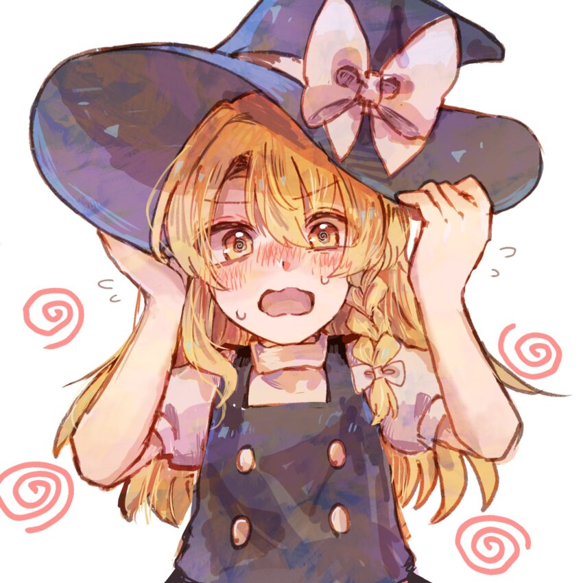 1girl, apron, blonde_hair, blush, bow, braid, dress, hat