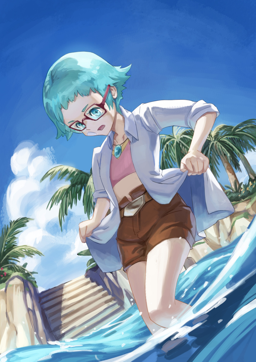 1girl, absurdres, bandaid, bandaid_on_face, blue_eyes, blue_hair, blue_sky, brown_shorts, coat, crop_top, glasses, highres, lab_coat, looking_down, midriff, nema_(pokemon), nintendo, nizinoazuki, open_clothes, open_coat, open_mouth, palm_tree, pokemon, pokemon_ranger:_guardian_signs, pokemon_ranger_(series), red-framed_eyewear, short_hair, shorts, sky, solo, tree, wading, water, white_coat