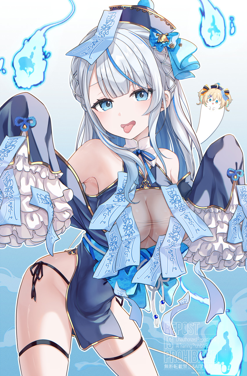 :p, absurdres, amagai_ruka, appare_hinata, armpits, bare_shoulders, blue_dress, blue_eyes