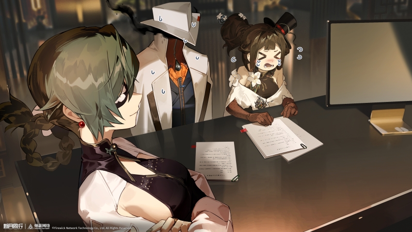 >_<, 1other, 2girls, absurdres, bare_shoulders, black_dress, black_gloves, black_hat, black_shirt, braid, braided_hair_rings, brown_hair, coat, copyright_name, copyright_notice, crossed_arms, desk, drawn_tears, dress, elbow_gloves, eyepatch, flying_sweatdrops, gloves, green_hair, group_leader_(xinyue_tongxing), hair_bun, hair_rings, hat, highres, huge_hair_bun, indoors, liqing_(xinyue_tongxing), logo, mini_hat, mini_top_hat, monitor, multiple_girls, official_art, official_wallpaper, open_mouth, paper, shirt, single_side_bun, smile, smoke, tilted_headwear, top_hat, white_coat, white_hat, xinyue_tongxing, yulu_(xinyue_tongxing)