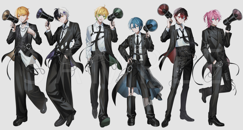 6+boys, :d, adjusting_clothes, ahoge, akkiy_(amptakxcolors), amptakxcolors, aqua_eyes, arm_out_of_sleeve