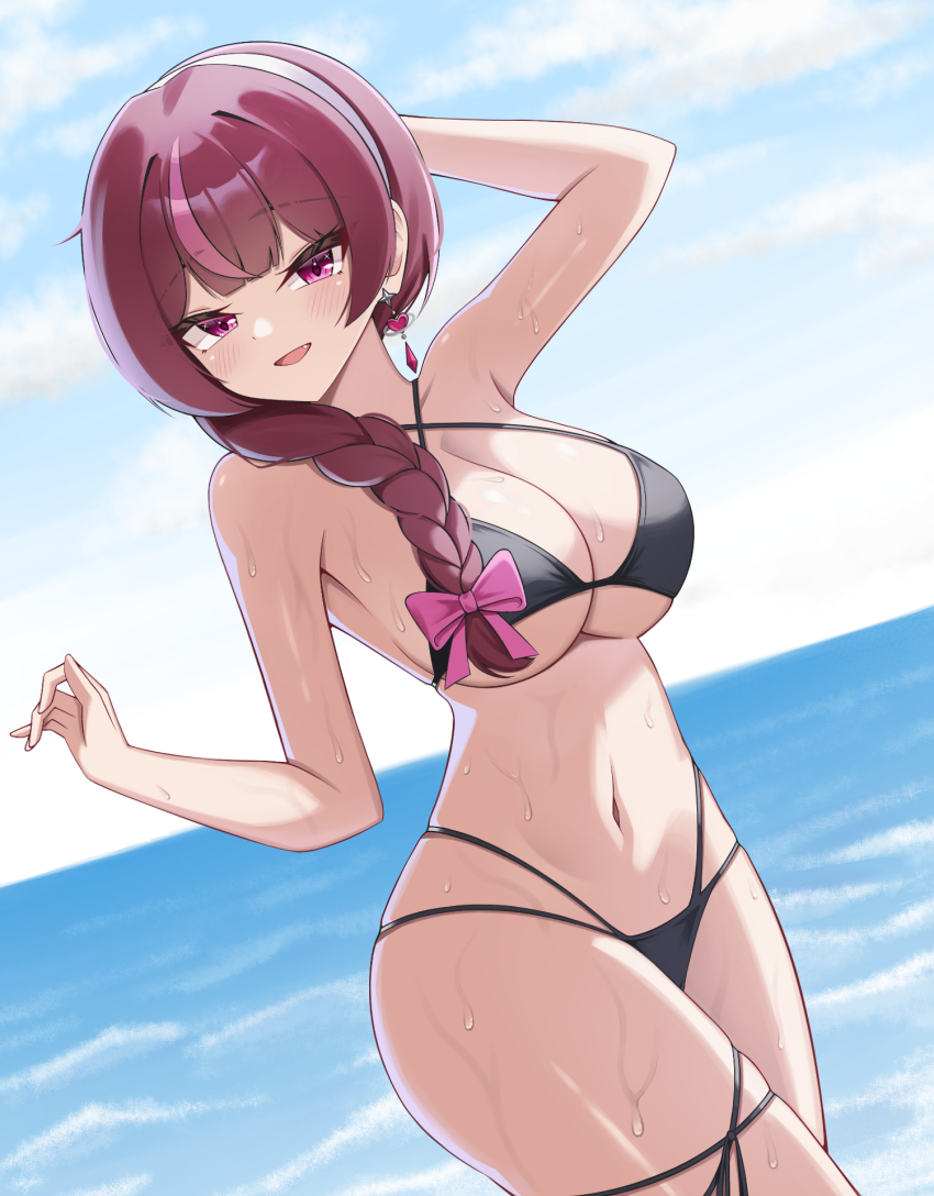 1girl, bikini, black_bikini, blush, breasts, cleavage, highres, jewelry