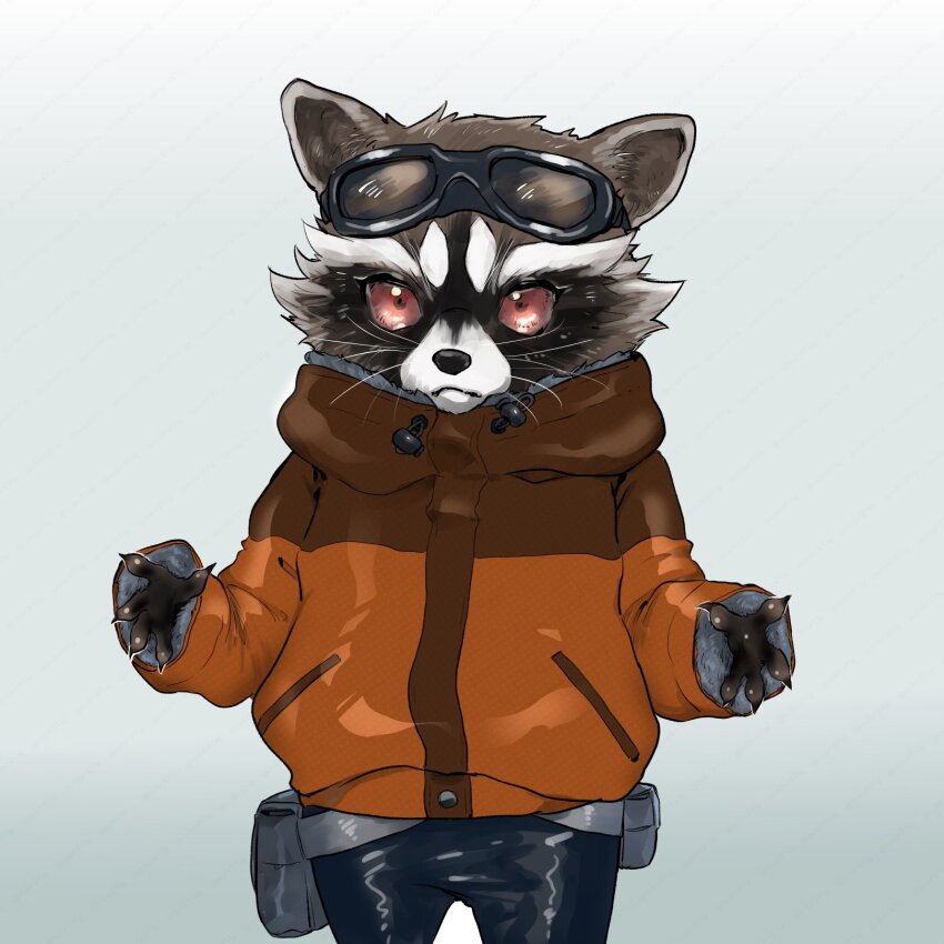 1boy, animal_ears, belt_bag, black_pants, claws, closed_mouth, furry, furry_male, goggles, goggles_on_head, guardians_of_the_galaxy, highres, hood, hood_down, hooded_jacket, jacket, looking_to_the_side, male_focus, marvel, mike831g, orange_jacket, pants, raccoon_boy, raccoon_ears, rocket_raccoon, whiskers, white_background