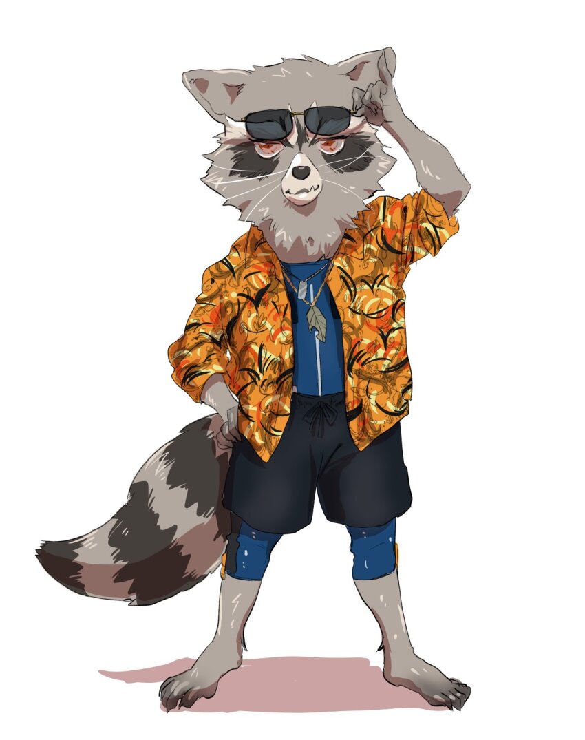 1boy, animal_ears, barefoot, black_shorts, commentary_request, diving_suit, eyewear_on_head, furry, furry_male, guardians_of_the_galaxy, hand_on_own_hip, highres, jewelry, looking_at_viewer, male_focus, marvel, mike831g, necklace, open_clothes, open_shirt, raccoon_boy, raccoon_ears, raccoon_tail, rocket_raccoon, shorts, sunglasses, tail, whiskers, white_background