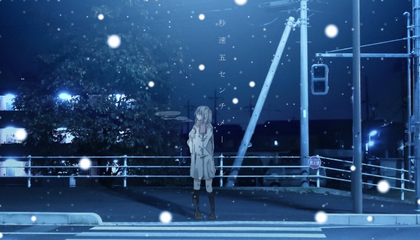 1girl, aki_(naaro), black_socks, breath, brown_coat, brown_hair, brown_shoes, byousoku_5_centimeter, coat, crosswalk, red_scarf, scarf, scenery, shinohara_akari, shoes, short_hair, snow, socks, solo, translation_request, tree, utility_pole, wide_shot, winter