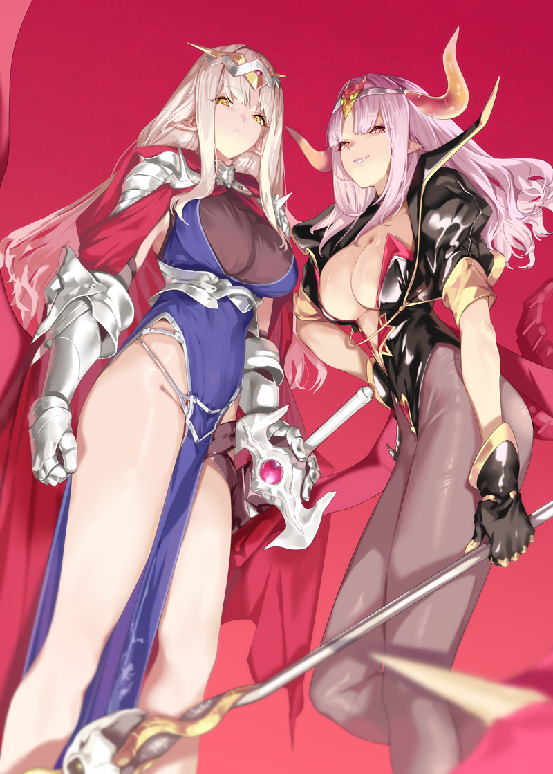 2girls, armor, black_gloves, black_jacket, black_pantyhose, blue_dress, breasts, cleavage, closed_mouth, commentary, cropped_legs, demon_girl, demon_horns, dress, from_below, gauntlets, gloves, gundam, holding, holding_staff, horns, jacket, knight, knight_gundam, large_breasts, long_hair, looking_at_viewer, mage_staff, multiple_girls, ohland, open_clothes, open_jacket, original, pantyhose, parted_lips, pink_eyes, purple_hair, red_background, satan_gundam, scabbard, sd_gundam, sd_gundam_gaiden, sheath, sheathed, shoulder_armor, sidelocks, simple_background, smile, staff, standing, sword, thighs, weapon, white_hair, yellow_eyes