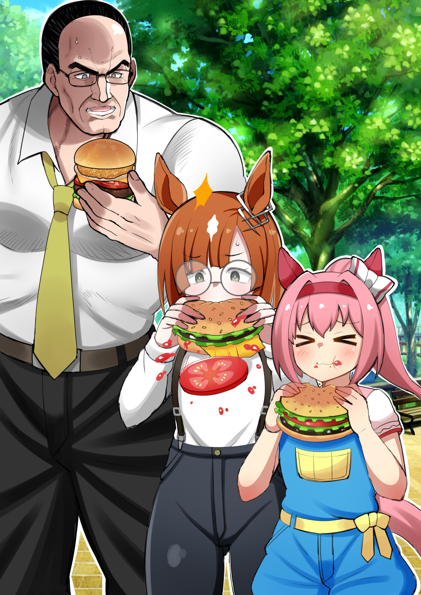 >_<, 1boy, 2girls, absurdres, animal_ears, aramori_susumu, belt, bench