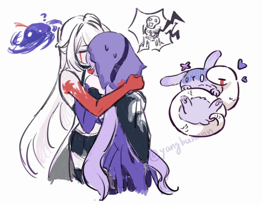 2girls, acheron_(honkai:_star_rail), black_swan_(honkai:_star_rail), closed_eyes, colored_skin, dress, highres, honkai:_star_rail