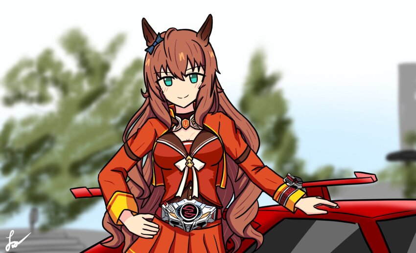 1girl, animal_ears, belt, blue_eyes, bow, breasts, brown_hair, car