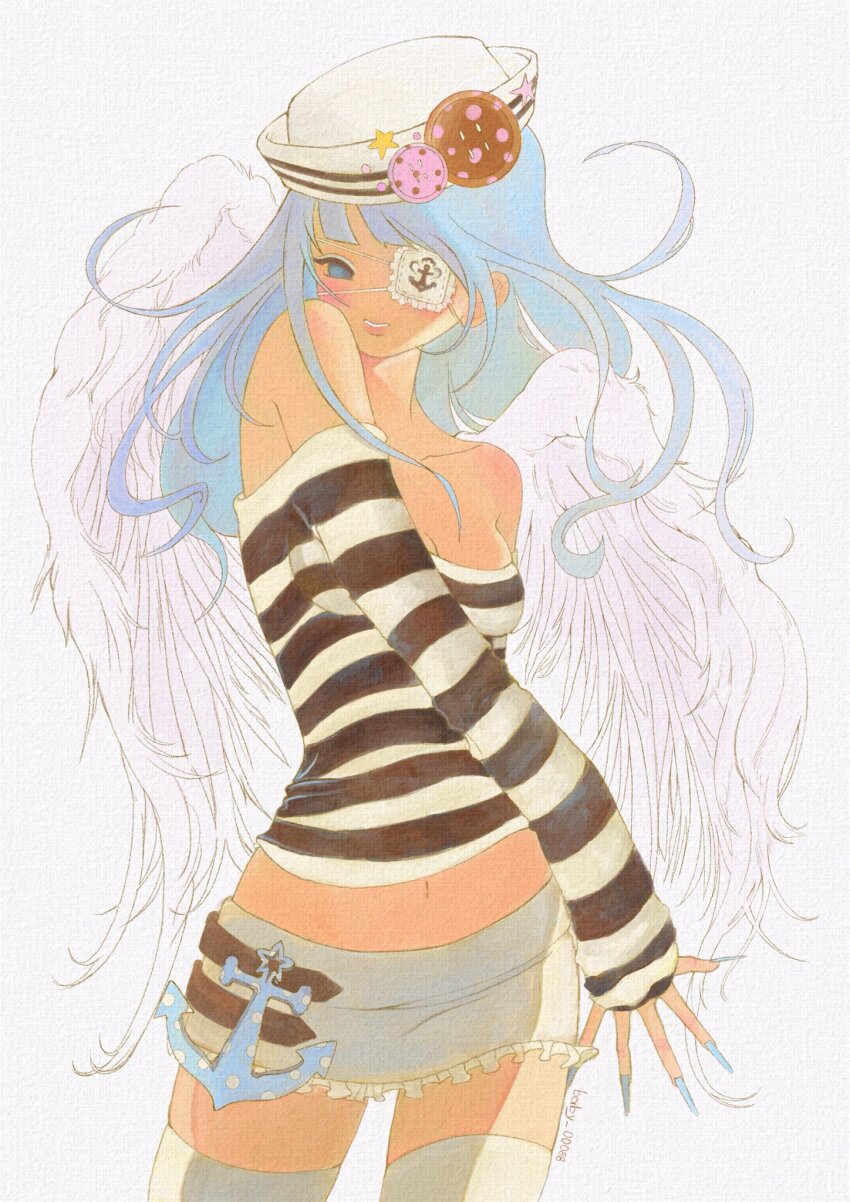 1girl, aiyuni, anchor, anchor_print, angel_wings, arm_behind_back, artist_name, blue_eyes, blue_eyeshadow, blue_hair, blue_nails, blush, breasts, button_hair_ornament, choppy_bangs, cleavage, collarbone, cowboy_shot, dixie_cup_hat, double_horizontal_stripe, eyepatch, eyeshadow, fashion, fingernails, floating_hair, frilled_eyepatch, frilled_skirt, frills, hat, hat_ornament, head_on_own_shoulder, highres, large_buttons, long_fingernails, long_hair, long_sleeves, makeup, medical_eyepatch, medium_breasts, midriff, military_hat, miniskirt, modeling, navel, no_nose, no_sclera, off-shoulder_shirt, off_shoulder, open_hand, original, pink_lips, polka_dot, shadow, shirt, simple_background, skirt, sleeves_past_wrists, smile, star_(symbol), star_hat_ornament, striped_clothes, striped_shirt, tan, teeth, thighhighs, two-tone_shirt, very_long_fingernails, white_background, white_skirt, white_thighhighs, wings