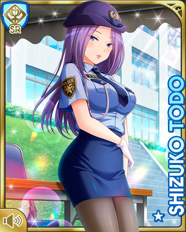 1girl, blue_hat, blue_necktie, blue_shirt, blue_skirt, breasts, card, character_name, day, girlfriend_(kari), hat, large_breasts, leggings, long_hair, looking_at_viewer, matching_hair/eyes, necktie, official_art, open_mouth, outdoors, pantyhose_under_skirt, police, police_uniform, policewoman, purple_eyes, purple_hair, qp:flapper, shine, shirt, skirt, smile, solo, standing, tagme, teacher, todo_shizuko