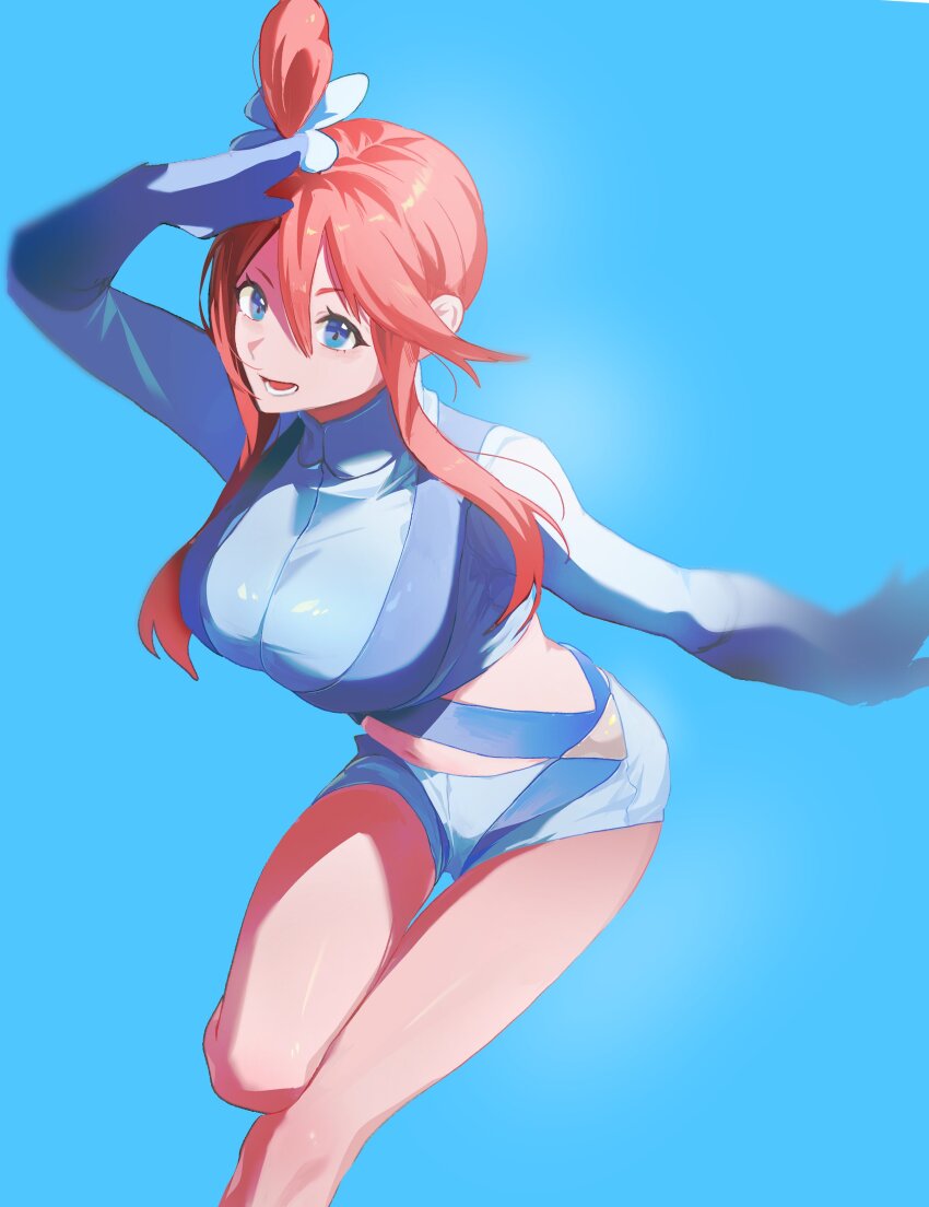1girl, :d, absurdres, arm_up, blue_background, blue_eyes, blue_jacket, blue_shorts, breasts, gloves, hair_between_eyes, hair_ornament, happy, hashtag-only_commentary, highres, hogeol_pk, jacket, leg_up, lower_teeth_only, nintendo, one_side_up, open_mouth, pokemon, pokemon_black_and_white, short_shorts, shorts, sidelocks, simple_background, skyla_(pokemon), smile, solo, teeth