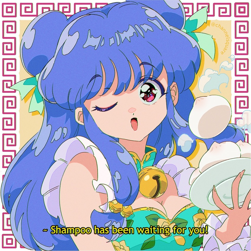 1girl, blue_hair, channelsquare, china_dress, chinese_clothes, double_bun, dress, food