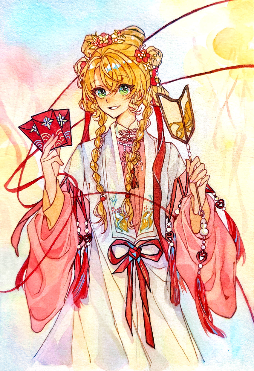1girl, absurdres, blonde_hair, braid, chinese_clothes, grin, hand_fan, hands_up, hanfu, highres, holding, holding_fan, hongbao, looking_at_viewer, low_twin_braids, official_alternate_costume, painting_(medium), pink_hanfu, reverse:1999, sangyi, shuangyaji, smile, solo, sotheby, sotheby_(the_red_thread_of_fate), traditional_media, twin_braids, upper_body, watercolor_(medium)