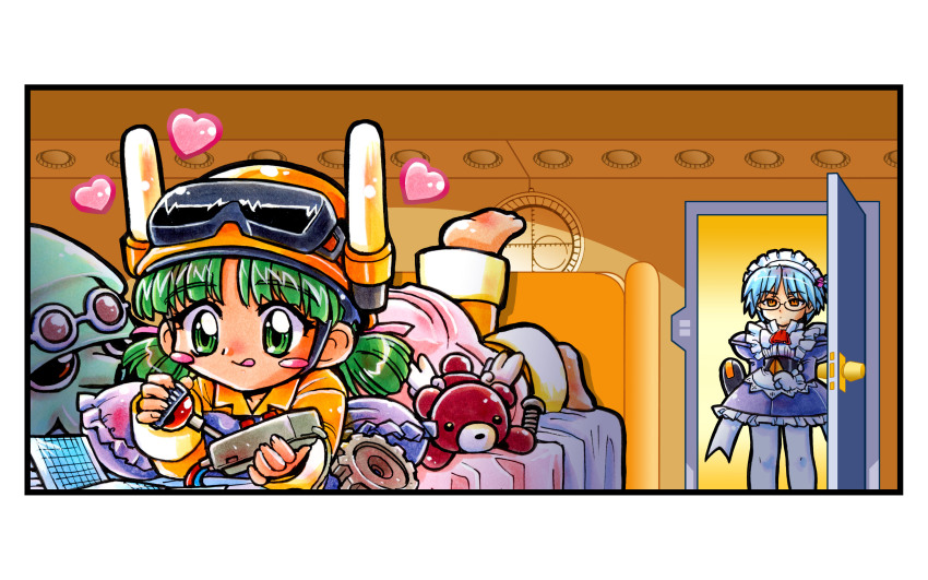 2girls, :q, absurdres, ai_(g-on_riders), apron, ascot, barefoot, bed_sheet