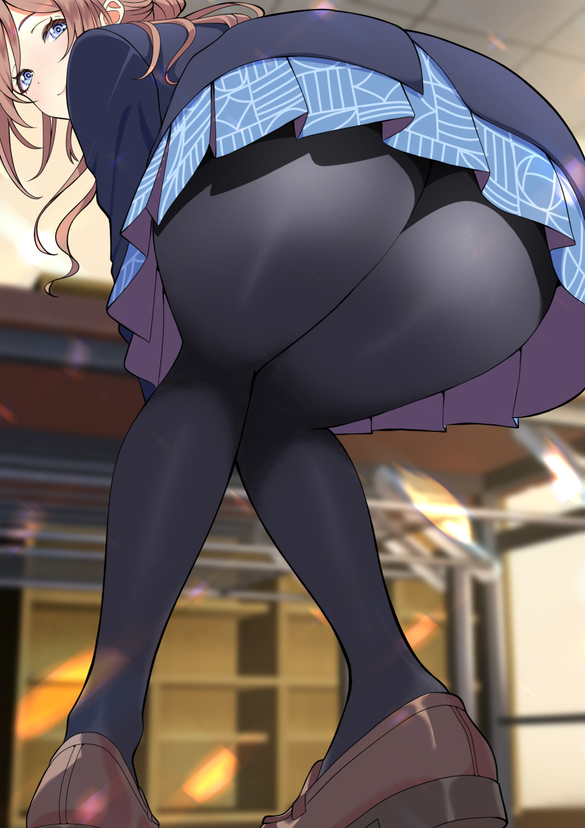 1girl, absurdres, ass, black_pantyhose, blazer, blue_eyes, blue_jacket, blue_skirt, blush, brown_hair, brown_shoes, from_below, gakuen_idolmaster, hatsuboshi_gakuen_school_uniform, highres, himesaki_rinami, idolmaster, indoors, jacket, kaname_aizuki, loafers, looking_at_viewer, looking_back, pantyhose, school_uniform, shoes, skirt, smile, solo, squatting