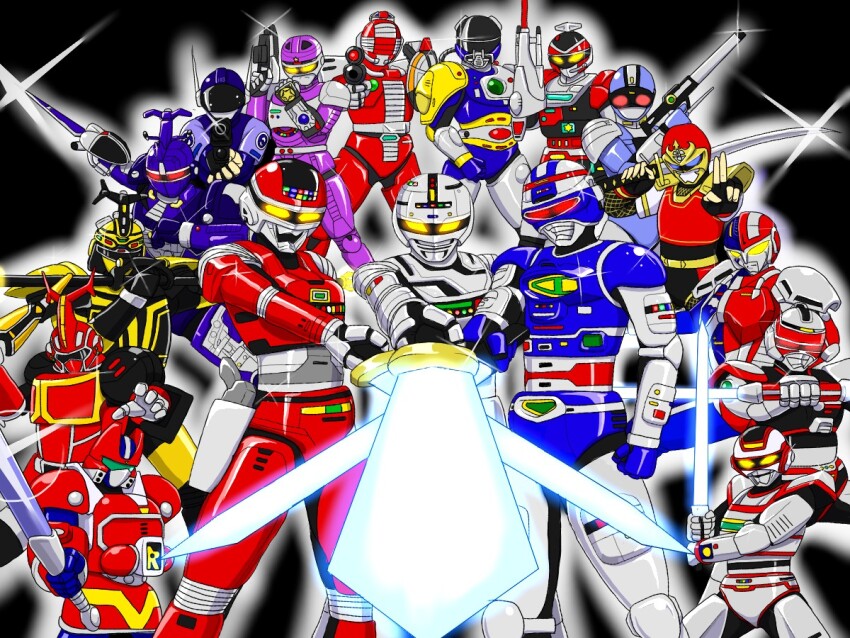 6+boys, arm_cannon, armor, b-fighter_kabuto, b-robo_kabutack, baseball_bat, blue_eyes, blue_swat