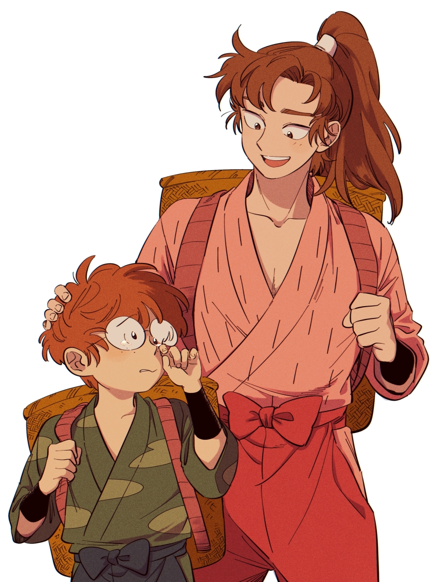 2boys, absurdres, age_difference, alternate_costume, backpack_basket, black_pants, brown_hair, child